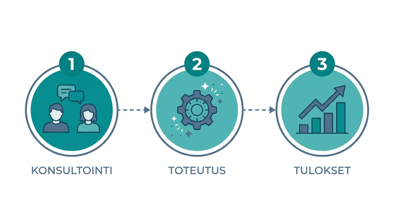 Kolmivaiheinen prosessi: kartoitus, toteutus, tulokset